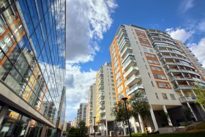 modern apartments with a blue sky